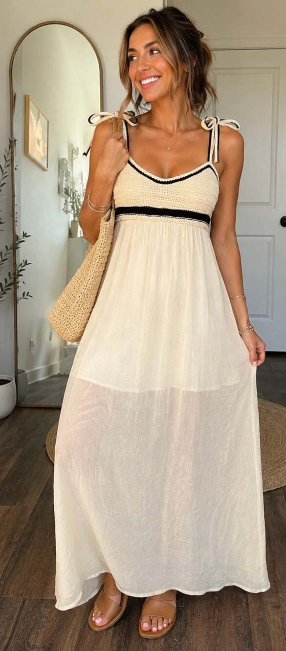Promesa Cream and Black Contrast Trim Crochet Detail Maxi Dress